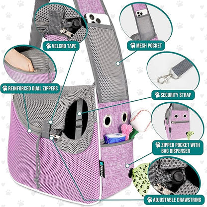 PetAmi Small Dog Sling Carrier, Soft-Sided Crossbody Puppy Carrying Purse Bag, Adjustable Sling Pet Pouch to Wear Medium Dog Cat Travel, Dog Bag for Traveling, Breathable, Poop Bag Dispenser, Purple