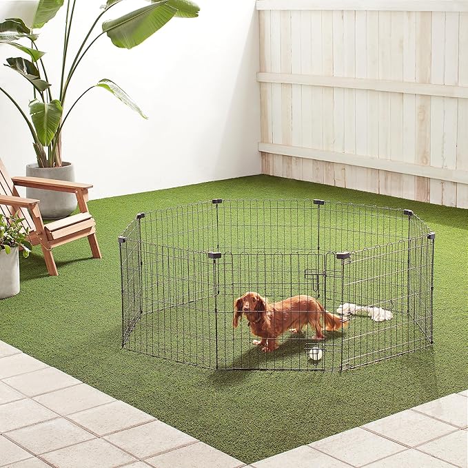 Amazon Basics Foldable Octagonal Metal Exercise Puppy / Dog Playpen - Indoor/Outdoor, Single Door, Extra Small (8 Panels, 24 x 24), Easy to assemble and store, 24" - Puppy, Black