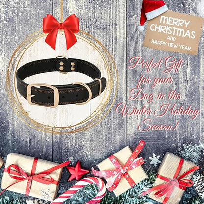 ADITYNA Heavy Duty Leather Dog Collar for Medium Dogs - Soft and Strong Leather Dog Collar for Medium Dog Breeds (Black - Gold Colored Buckle, Medium: Fit 13" - 20" Neck)