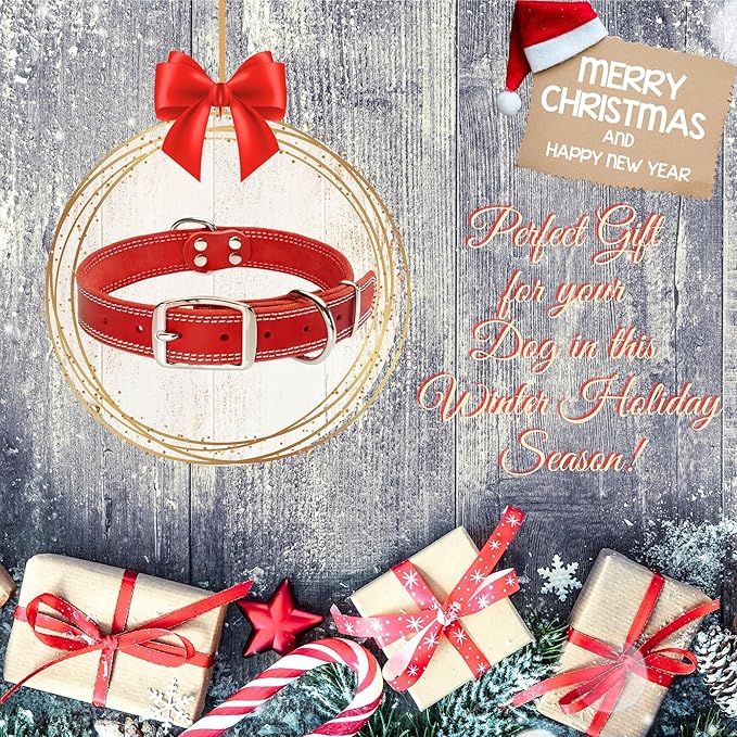 ADITYNA Heavy Duty Red Leather Dog Collar for Large Dogs - Soft and Strong Leather Dog Collar for Walking and Training