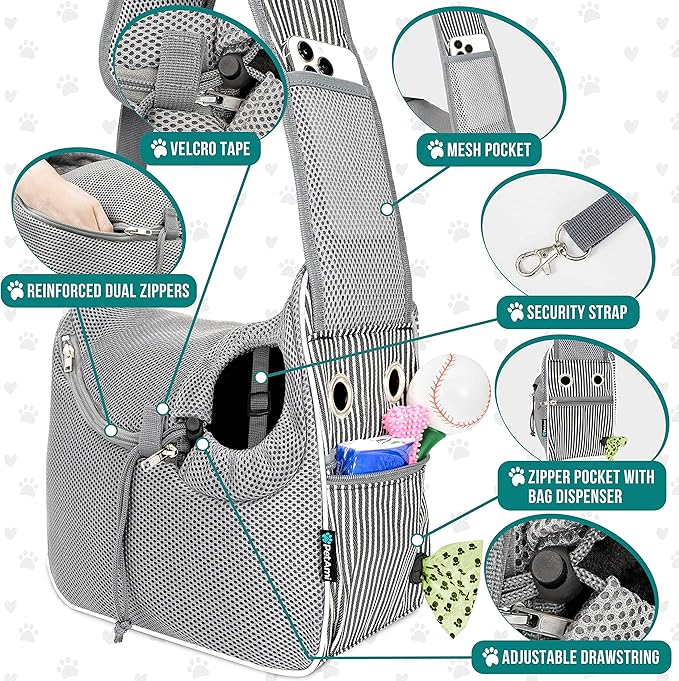 PetAmi Small Dog Sling Carrier, Soft-Sided Crossbody Puppy Carrying Purse Bag, Adjustable Sling Pet Pouch to Wear Medium Cat Travel, Dog Bag for Traveling Breathable, Poop Bag Dispenser, Stripe Black