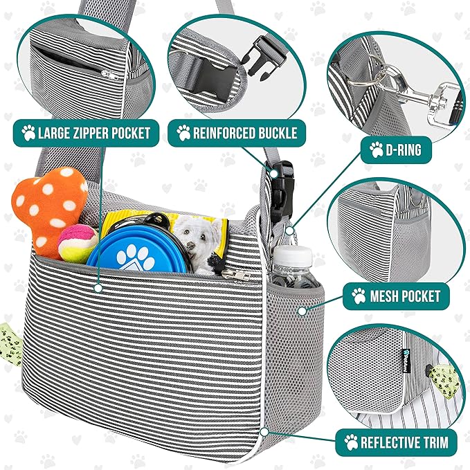 PetAmi Small Dog Sling Carrier, Soft-Sided Crossbody Puppy Carrying Purse Bag, Adjustable Sling Pet Pouch to Wear Medium Cat Travel, Dog Bag for Traveling Breathable, Poop Bag Dispenser, Stripe Black