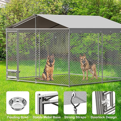 10x10x7 Ft Outdoor Dog Kennel, Heavy Duty Outside Dog Kennel with Waterproof and Anti-UV Roof Cover, Large Dog Enclosures with Feeder for Backyard