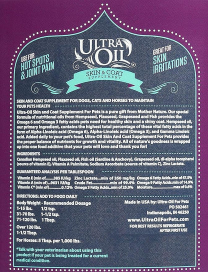 Ultra Oil Skin and Coat Supplement for Dogs and Cats with Hemp Seed, Flaxseed, Grape Seed, and Fish Oils for Relief from Dry Itchy Skin, Dull Coat, Hot Spots, Dandruff, and Allergies, (16 oz)